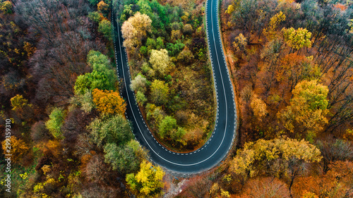 Beautiful aerial landscape of mountain forest road. Aerial view of curvy road in beautiful autumn forest. Top view of roadway with autumn colors © aboutmomentsimages