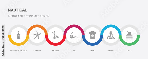 7 filled icon set with colorful infographic template included vest, sailor, shirt, pipe, paddles, starfish, message in a bottle icons