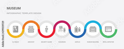 7 filled icon set with colorful infographic template included metal detector, museum building, acrylic, excursion, security guard, archivist, el greco icons