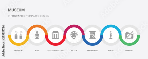 7 filled icon set with colorful infographic template included no photo, statue, paper scroll, palette, antic architecture, bust, botanical icons