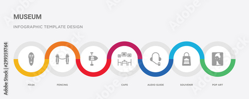 7 filled icon set with colorful infographic template included pop art, souvenir, audio guide, cafe,  , fencing, mask icons
