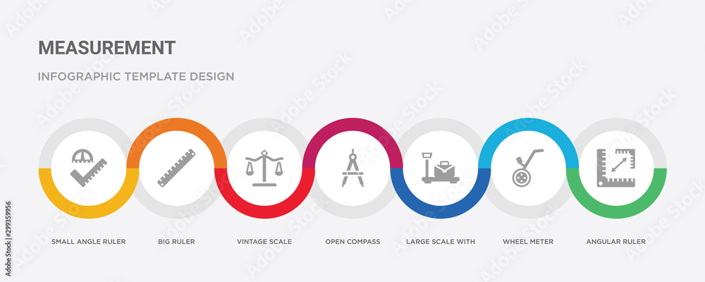 7 filled icon set with colorful infographic template included angular ruler, wheel meter, large scale with suitcase, open compass, vintage scale, big ruler, small angle ruler icons 7 filled icon set with colorful infographic template included angular ruler, wheel meter, large scale with suitcase, open compass, vintage scale, big ruler, small angle ruler icons