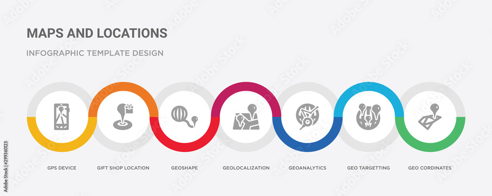 7 filled icon set with colorful infographic template included geo cordinates, geo targetting, geoanalytics, geolocalization, geoshape, gift shop location, gps device icons 7 filled icon set with colorful infographic template included geo cordinates, geo targetting, geoanalytics, geolocalization, geoshape, gift shop location, gps device icons