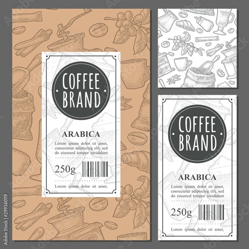 Template label coffee with seamless pattern. Vector vintage monochrome engraving