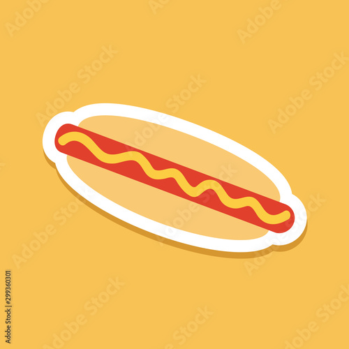 Flat style of hotdog sticker on yellow background.