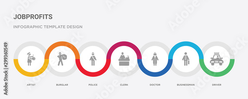 7 filled icon set with colorful infographic template included driver, businessman, doctor, clerk, police, burglar, artist icons