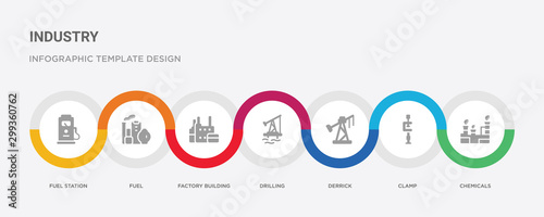 7 filled icon set with colorful infographic template included chemicals, clamp, derrick, drilling, factory building, fuel, fuel station icons