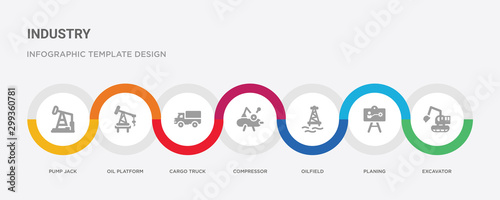 7 filled icon set with colorful infographic template included excavator, planing, oilfield, compressor, cargo truck, oil platform, pump jack icons