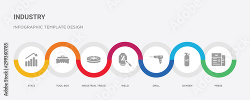 7 filled icon set with colorful infographic template included press, oxygen, drill, weld, industrial tread, tool box, stats icons