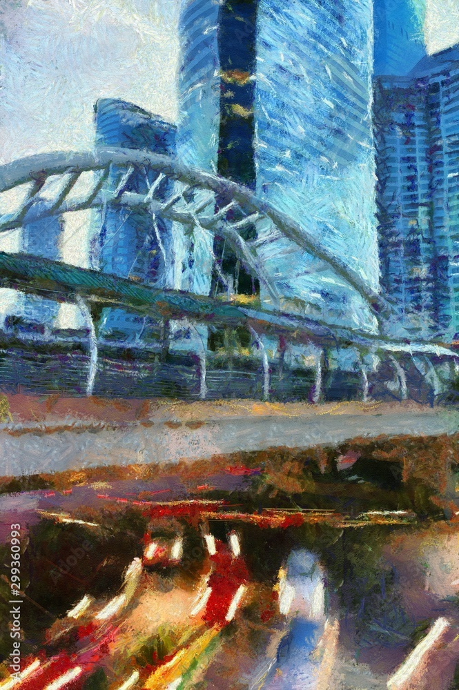 Landscapes of tall buildings and sky walkways Illustrations creates an impressionist style of painting.