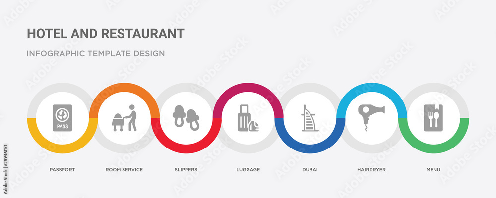 7 filled icon set with colorful infographic template included menu, hairdryer, dubai, luggage, slippers, room service, passport icons 7 filled icon set with colorful infographic template included menu, hairdryer, dubai, luggage, slippers, room service, passport icons