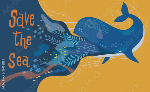 Design elements of whale and undersea plants with the letter Save the sea, Flat cartoon vector illustration in doodle style.