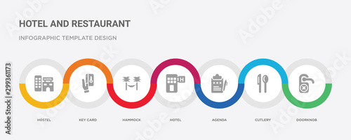 7 filled icon set with colorful infographic template included doorknob, cutlery, agenda, hotel, hammock, key card, hostel icons
