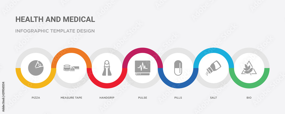 7 filled icon set with colorful infographic template included bio, salt, pills, pulse, handgrip, measure tape, pizza icons 7 filled icon set with colorful infographic template included bio, salt, pills, pulse, handgrip, measure tape, pizza icons