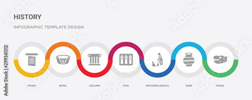 7 filled icon set with colorful infographic template included fossil, vase, archaeological, pick, column, bowl, paper icons