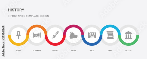 7 filled icon set with colorful infographic template included pillars, cart, face, stone, sword, old paper, egypt icons