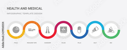 7 filled icon set with colorful infographic template included bio, salt, pills, pulse, handgrip, measure tape, pizza icons
