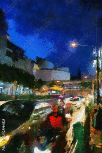 Road landscape in traffic jam Illustrations creates an impressionist style of painting. © Kittipong