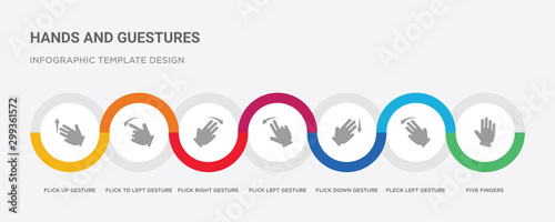 7 filled icon set with colorful infographic template included five fingers, fleck left gesture, flick down gesture, flick left gesture, flick right to left up icons