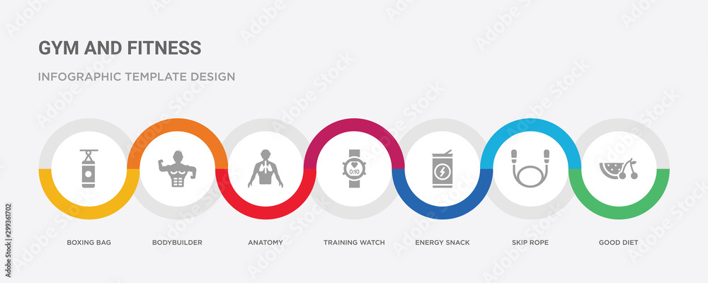 7 filled icon set with colorful infographic template included good diet, skip rope, energy snack, training watch, anatomy, bodybuilder, boxing bag icons 7 filled icon set with colorful infographic template included good diet, skip rope, energy snack, training watch, anatomy, bodybuilder, boxing bag icons
