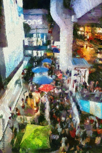 Stores selling on the roadside Illustrations creates an impressionist style of painting. © Kittipong