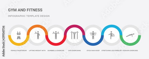 7 filled icon set with colorful infographic template included pushups exercises, stretching leg exercise, stick man hoop, bar exercising, dumbbells exercise, lifting weight with right arm, female