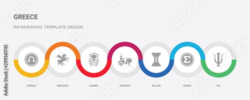 7 filled icon set with colorful infographic template included psi, sigma, pillar, chariot, laurel, pegasus, omega icons