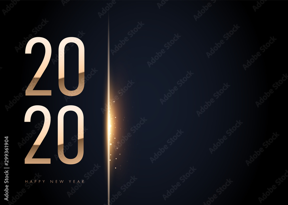 Horizontal Trendy Elegant 2020 golden in black background with shining bokeh. For your text. Template. Happy New Year sign on winter holiday background. Vector New Year illustration. - obrazy, fototapety, plakaty 