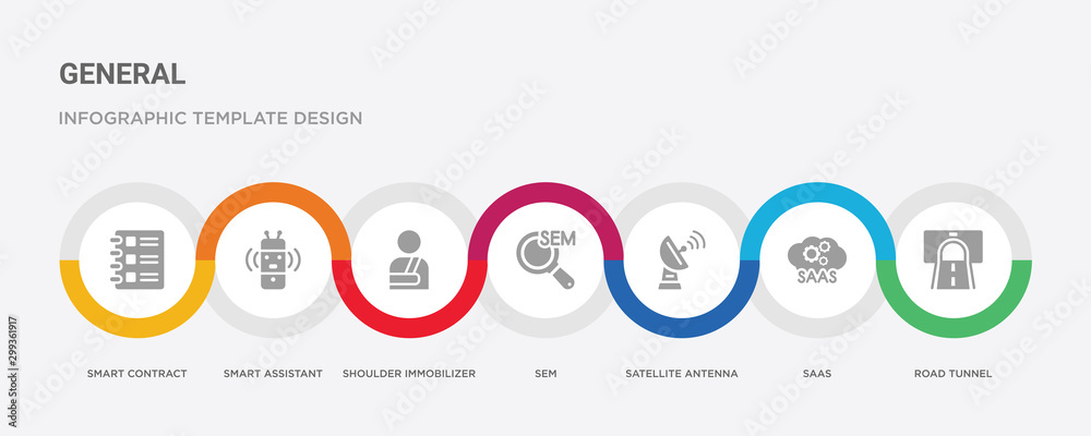 7 filled icon set with colorful infographic template included road tunnel, saas, satellite antenna, sem, shoulder immobilizer, smart assistant, smart contract icons 7 filled icon set with colorful infographic template included road tunnel, saas, satellite antenna, sem, shoulder immobilizer, smart assistant, smart contract icons