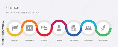 7 filled icon set with colorful infographic template included tape measure, team leader, team target, teenager, text chat, trackability, urine test icons