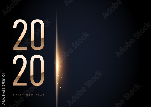 Horizontal Trendy Elegant 2020 golden in black background with shining bokeh. For your text. Template. Happy New Year sign on winter holiday background. Vector New Year illustration.