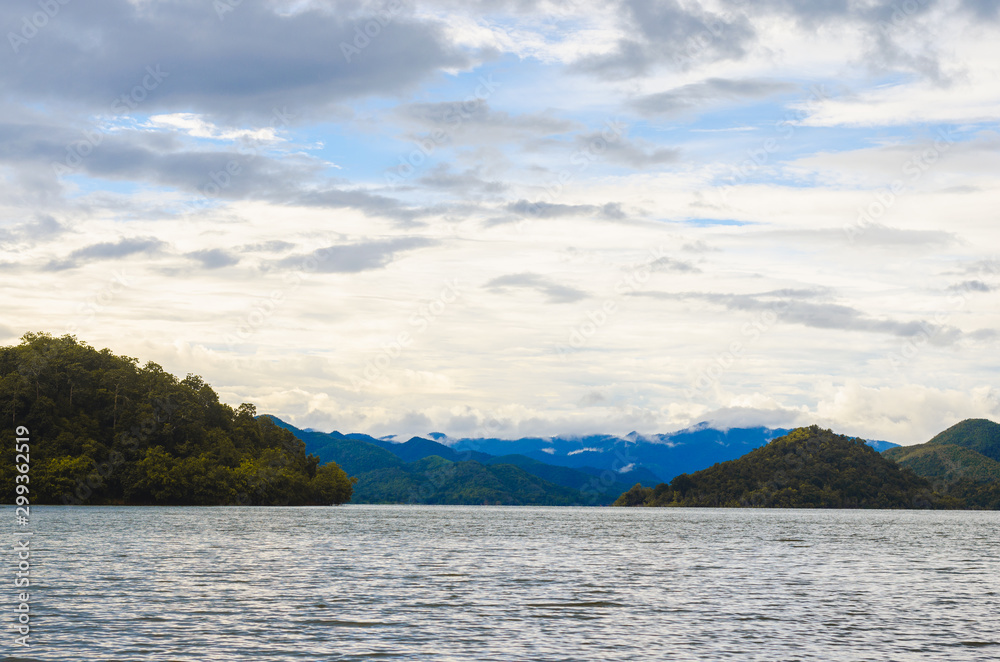 tranquility landscape outdoor nature at lake with mountain on morning vacation day.