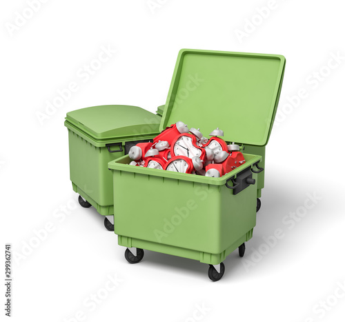 3d rendering of two green trash cans, front can open and full of broken and bent red alarm clocks. photo