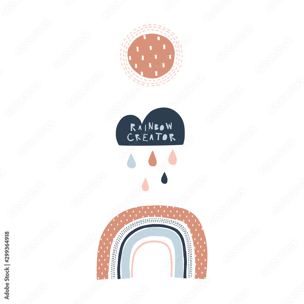 Cloud with droplets, decorative arc, sun. Rainbow creator text. Scandinavian paper cut style childish weather illustration isolated on white in vector. Nursery poster print design idea. Cloud with droplets, decorative arc, sun. Rainbow creator text. Scandinavian paper cut style childish weather illustration isolated on white in vector. Nursery poster print design idea.