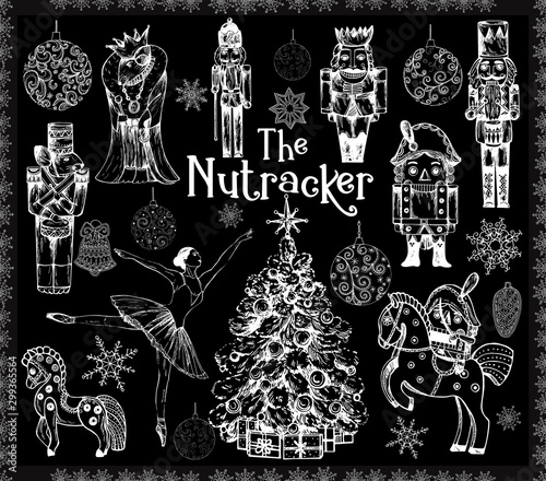 Big set of hand drawn sketch style characters and different objects related to The Nutcracker fairy tale isolated on black background. Vector illustration.