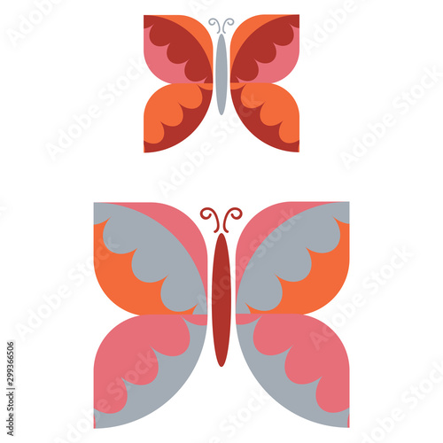 Two retro geometric butterfly vector illustration. Hand drawn garden insect in 60s flat color. Vintage purple and pink bug wildlife clipart. 