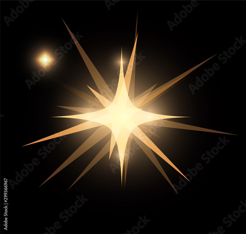 Bright glowing and shining star flares effect isolated on black background. Vector illustration