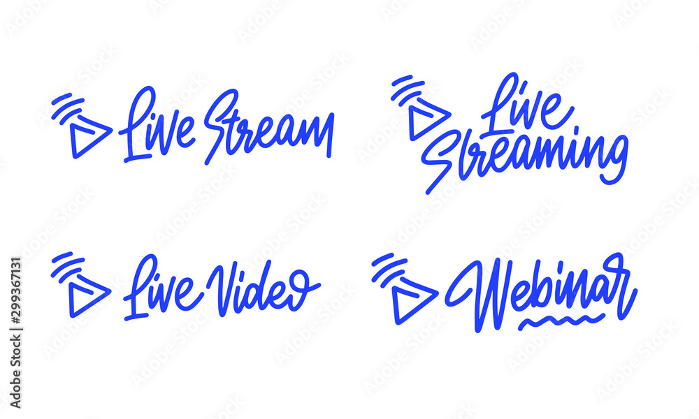 Set of live stream. Vector design element with play button for news and TV or online broadcasting. Live stream, live streaming, live video, webinar.