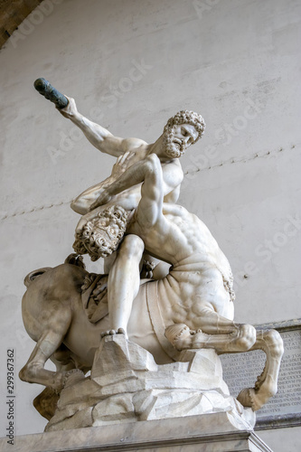 FLORENCE, TUSCANY/ITALY - OCTOBER 19 : Hercules and Nessus statue at Loggia dei Lanzi, Piazza della Signoria, Florence on October 19, 2019