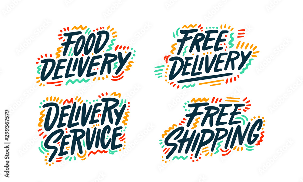 Set for delivery. Hand drawn vector lettering. Isolated on white background. Food delivery, free delivery, delivery service, free shipping. Vector illustration