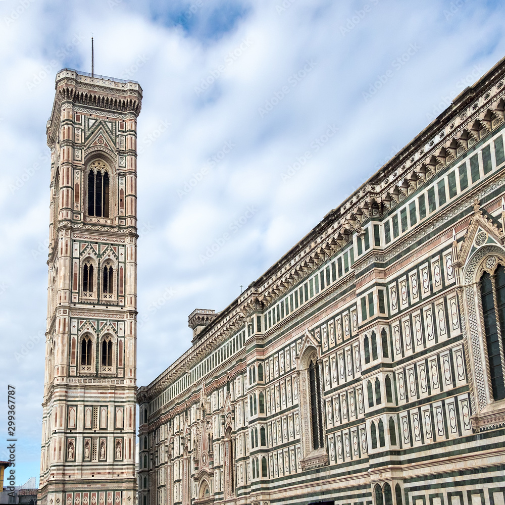 FLORENCE, TUSCANY/ITALY - OCTOBER 19 : View of Saint Mary cathedral and belfry in Florence on October 19, 2019