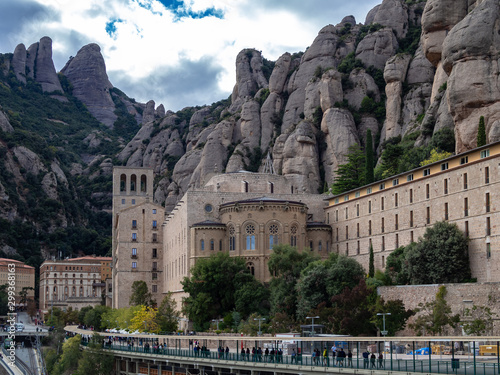 Panorama of Santa Maria de Montserrat Abbey on the mountain of Montserrat in Monistrol de Montserrat, Catalonia, Spain.