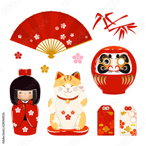 Set of japanese symbols (daruma, kokeshi, maneki neko, omamori, hand fan) photo