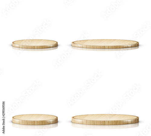 Wooden cutting board or tray, set of realistic vector illustrations. Natural, eco-friendly kitchen utensils made of wood, side view isolated on white background with reflection