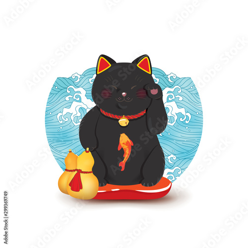 Maneki neko with vessels of pumpkin. Japanese symbol of good luck
