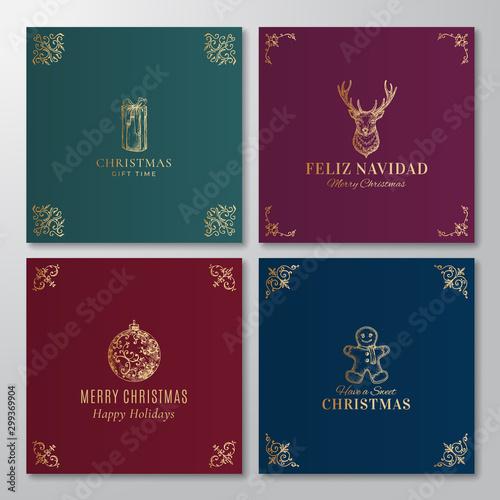 Christmas Abstract Vector Labels, Signs or Cards Templates Set. Hand Drawn Deer, Gift Box, Gingerbread Cookie and Ball Sketches with Vintage Typography and Twisted Decorative Corners.