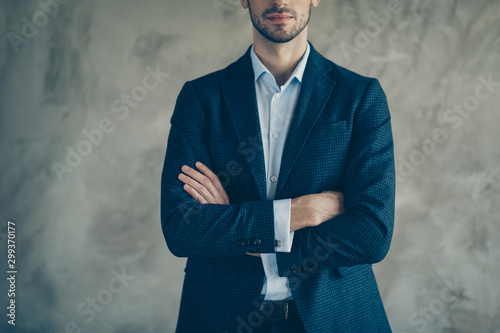 Cropped photo of confident cool businessman cross his hands ready to decide decision solution wear virile modern suit isolated over grey color background