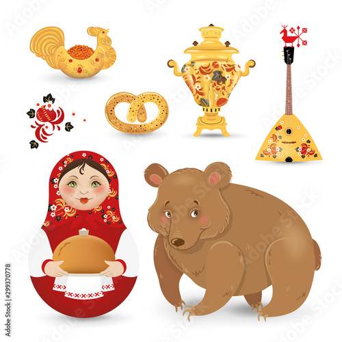 Set of russian symbols. Matryoshka, bear, samovar, balalaika, berry jam and black caviar