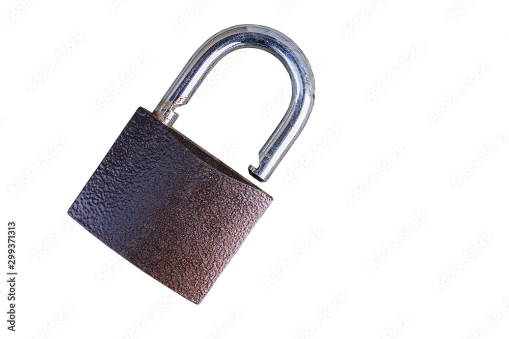 Old padlock on a clean white background in the open state Old padlock on a clean white background in the open state