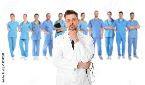 People in uniforms on white background. Medical staff